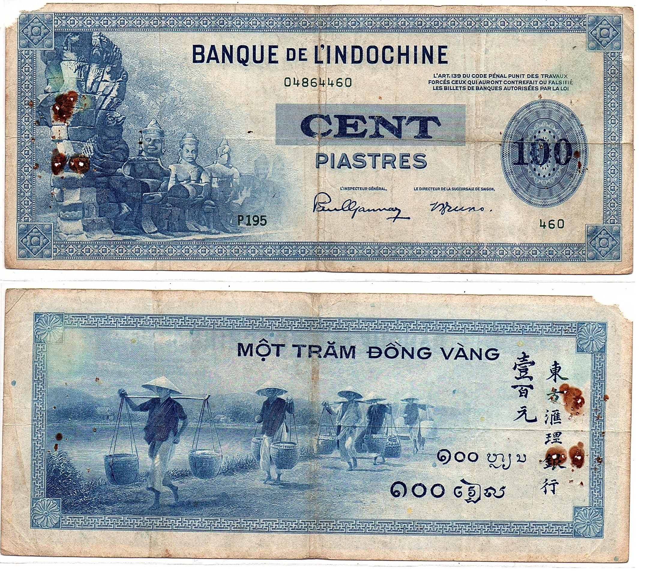 French Indochina #78/VF/3 100 Piastres / Yuan / Đồng / Kip / Rie